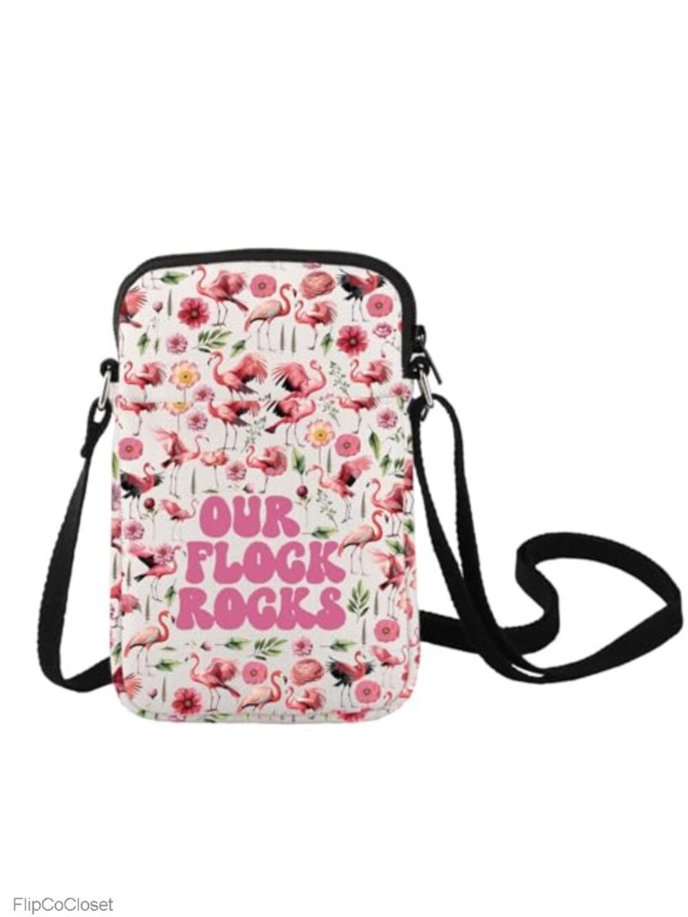 Canvas Crossbody Bag Flamingo Print Adjustable Strap Satchel